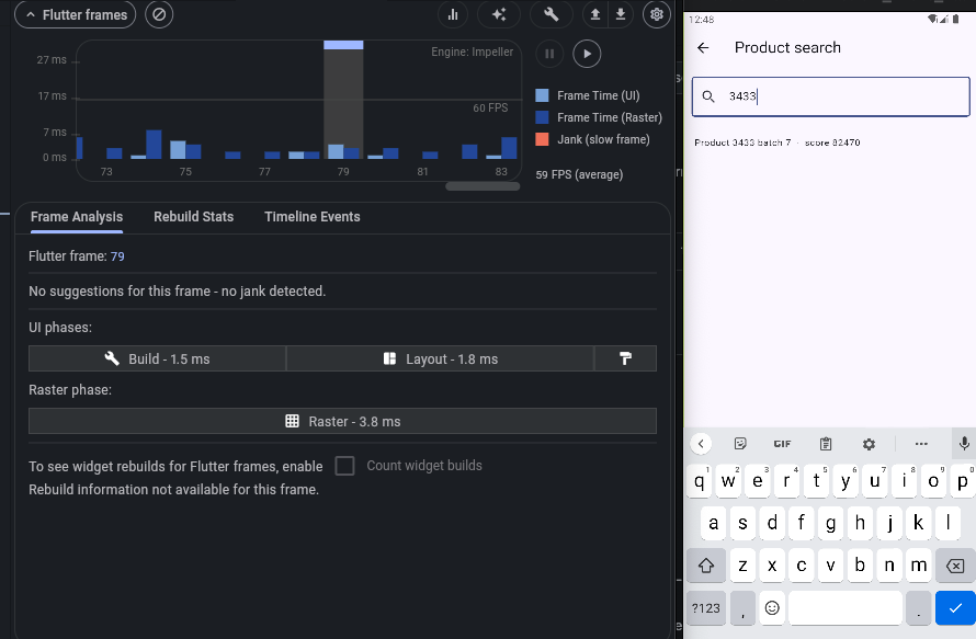 Flutter DevTools Frame Analysis after the fix: no jank detected, 59 FPS, Build 1.5 ms