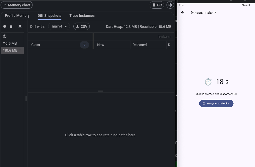 Flutter DevTools Diff Snapshots after the fix: the diff table is empty, no _LeakyClockState