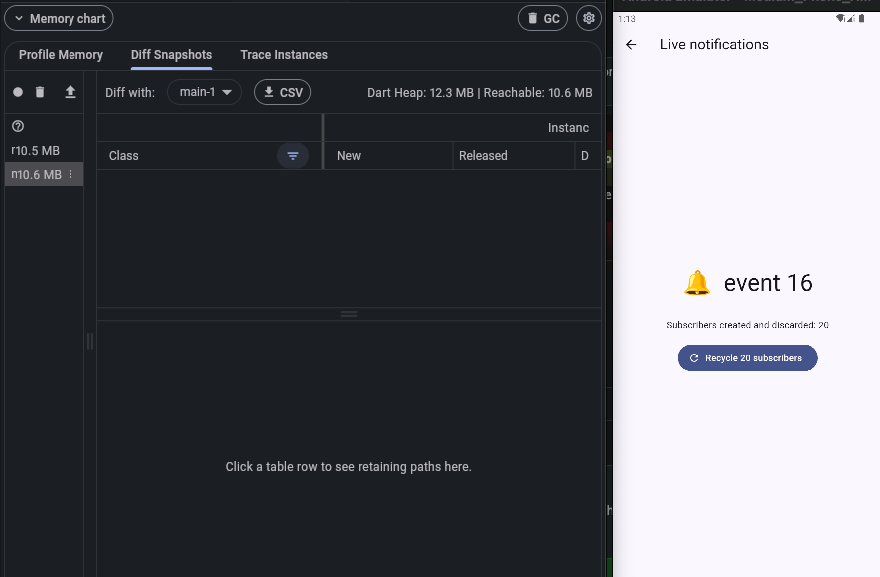 Flutter DevTools Diff Snapshots after cancelling the subscription: the diff table is empty, no _LiveNotificationsState