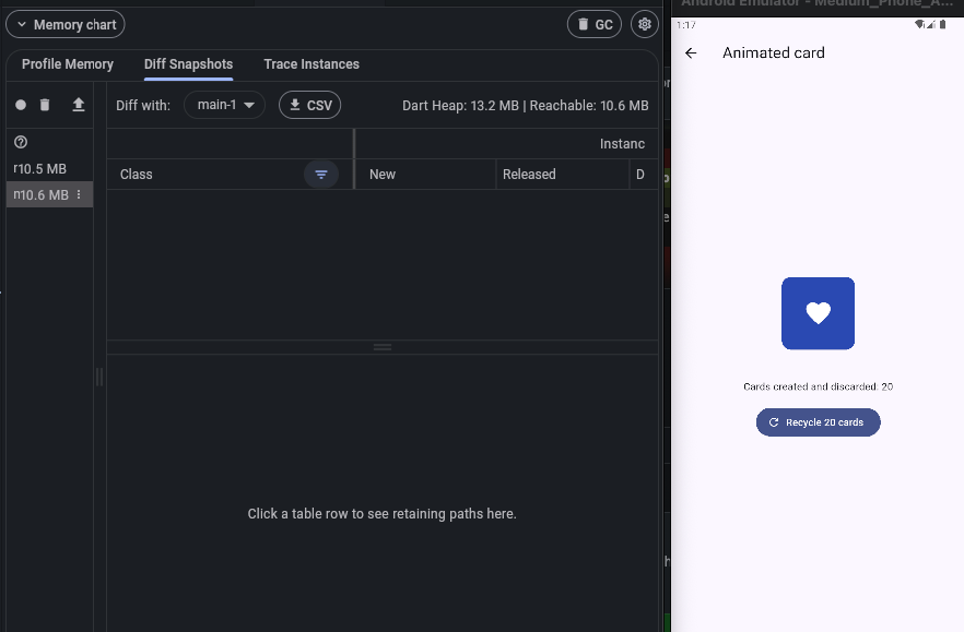 Flutter DevTools Diff Snapshots after removing the listener and disposing the controller: the diff table is empty, no _PulsingCardState