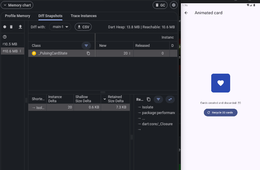 Flutter DevTools Diff Snapshots: _PulsingCardState with New 20, Released 0, retained via a closure