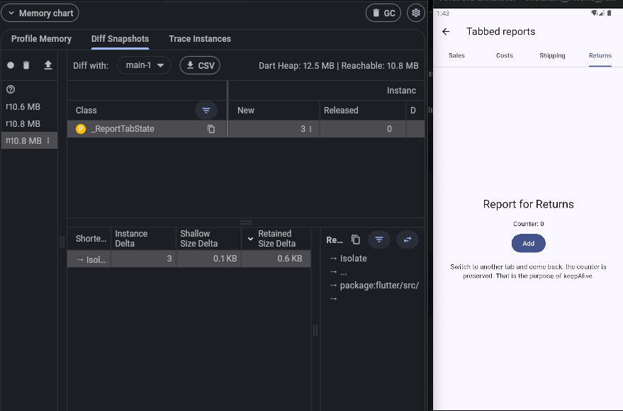 A bounded set of _ReportTabState instances (one per visited tab), Released 0